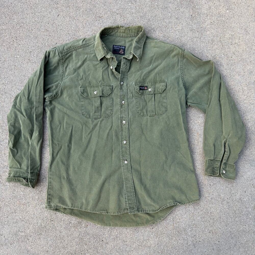 VTG Rattlers Brand Olive Green Cotton Chamois Flannel Button-Up L/S Shirt XL?